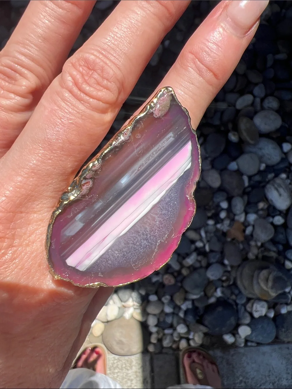 Purple and Pink Agate Adjustable Ring with Gold Edge